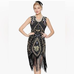 Metme Flapper Dress Black White Gold & Silver Size Large NWT!